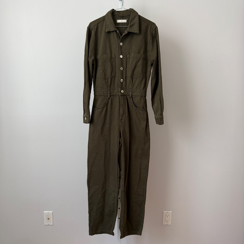 Mango MNG sz S Olive Green Denim Utility Jumpsuit Long Sleeve Boilersuit Boho
